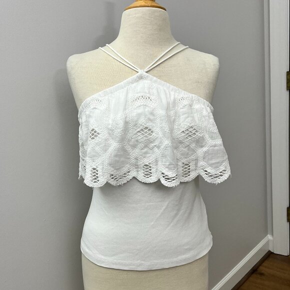 Anthropologie Strappy Eyelet Lace Ruffle Trim Halter Top White Sz Small Ribbed - Picture 2 of 11